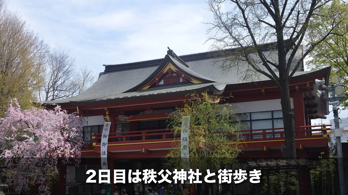 秩父神社の社殿としだれ桜