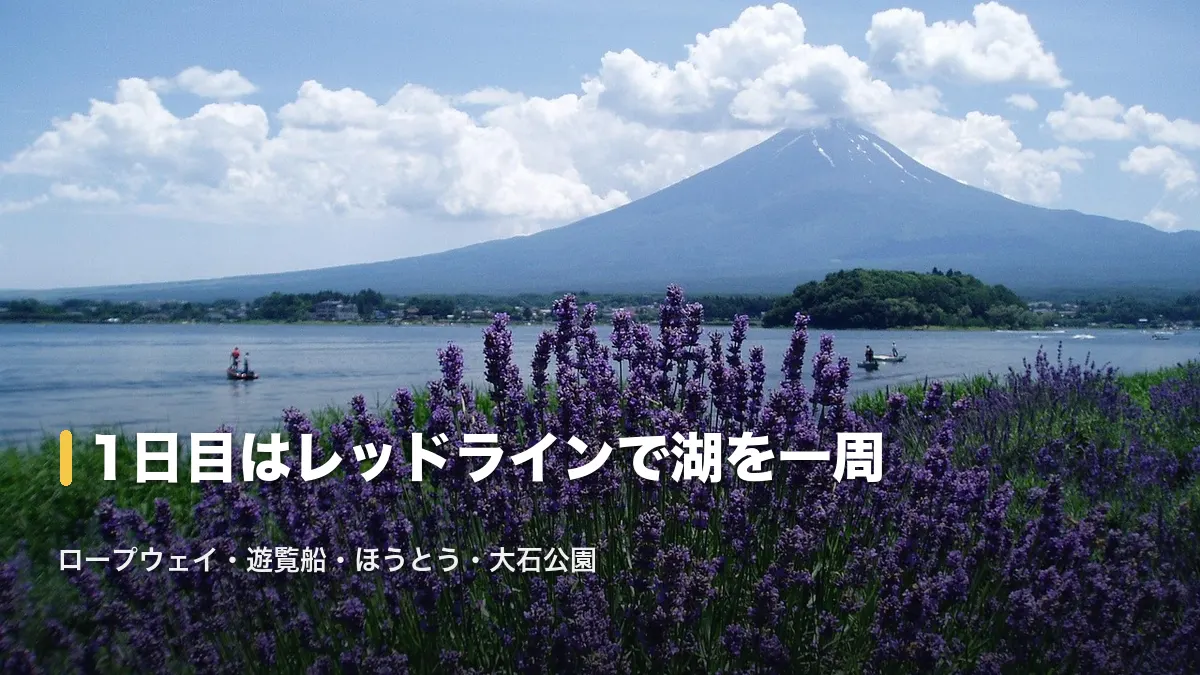 ラベンダー越しに見る河口湖と富士山。1日目はレッドラインで湖を一周