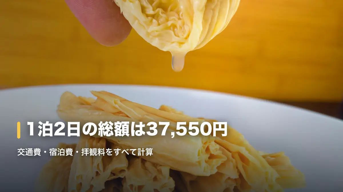 指ですくい上げた日光名物の湯波、1泊2日の総額は37,550円