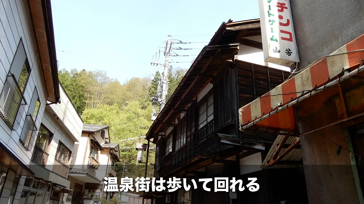 四万温泉の落合通りに並ぶ古い旅館と商店