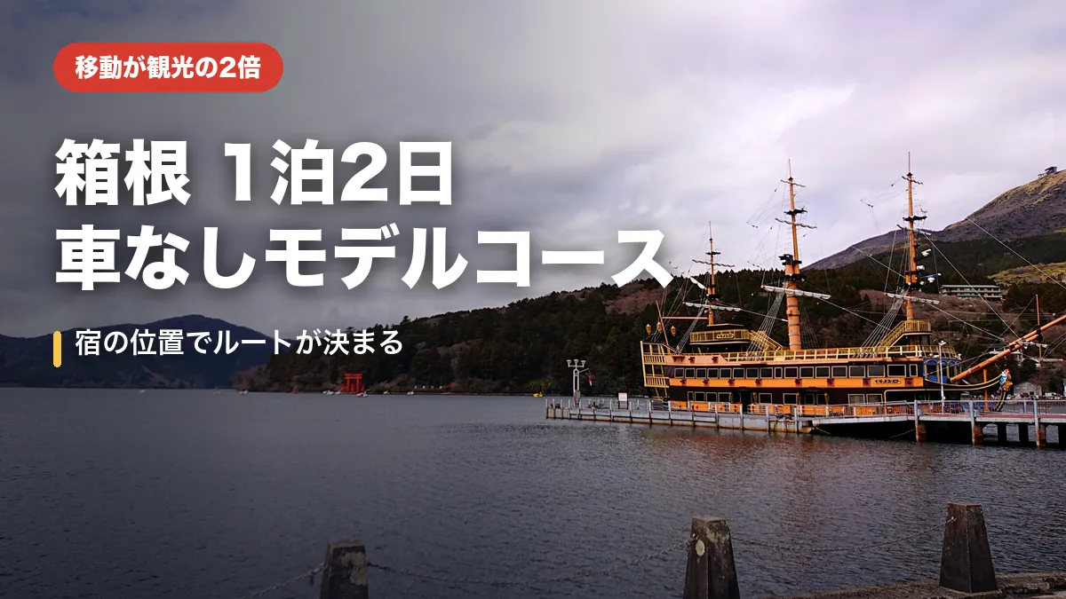 芦ノ湖の元箱根港に停泊する箱根海賊船と、対岸に見える箱根神社の平和の鳥居