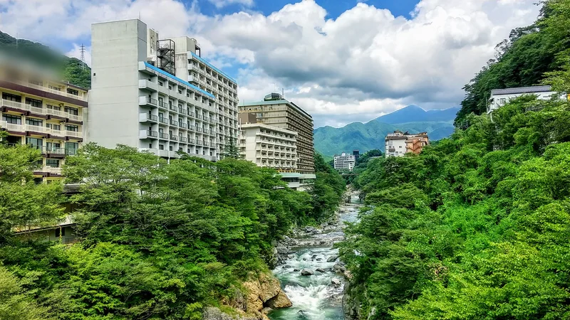 鬼怒川の渓谷沿いに温泉旅館が並ぶ鬼怒川温泉