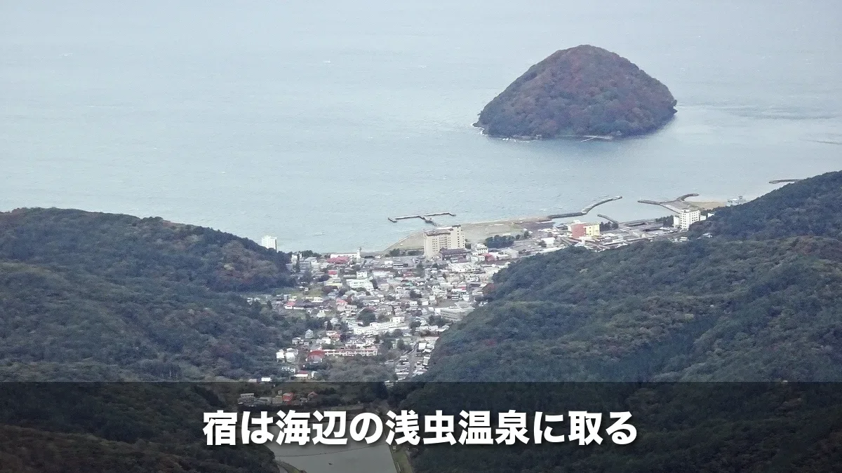 上空から見た浅虫温泉の街と湯ノ島