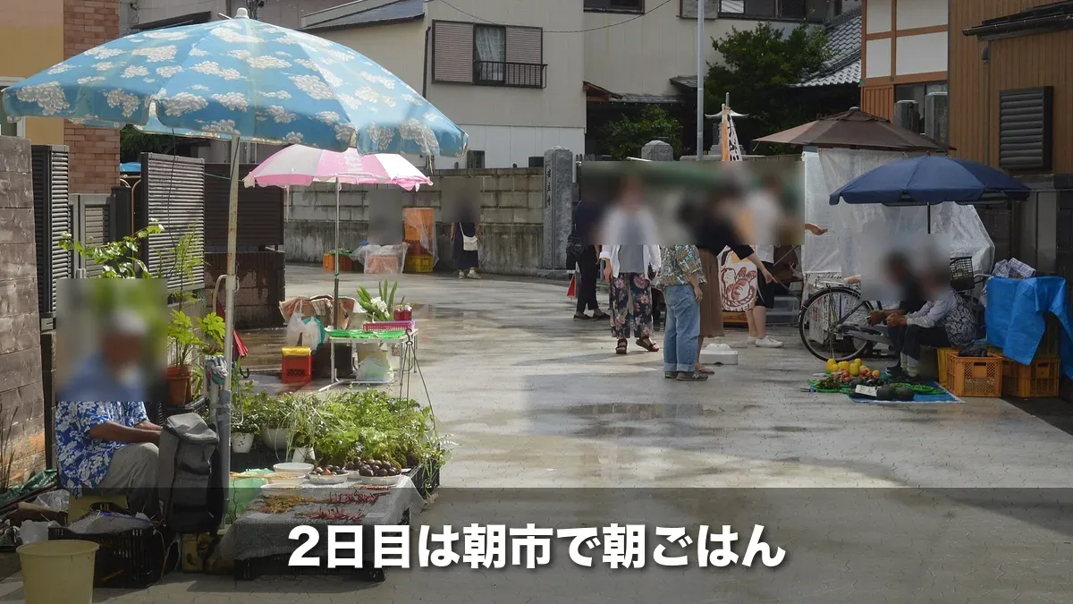 パラソルの下に野菜や干物が並ぶ勝浦朝市