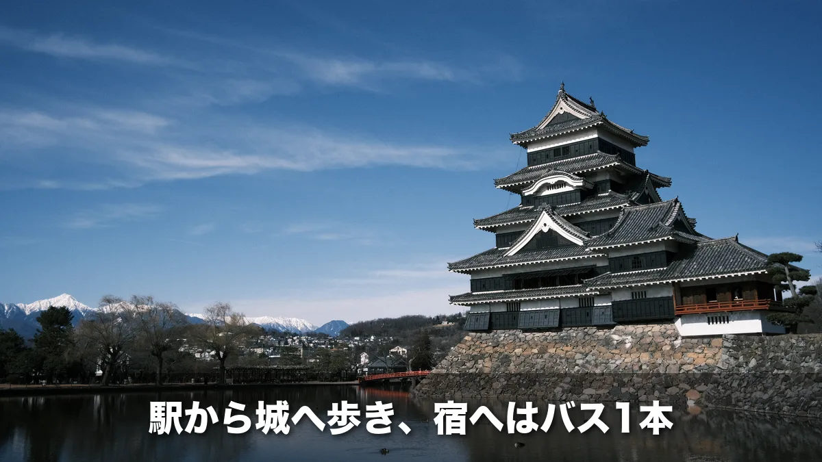 青空と雪の北アルプスを背にした松本城