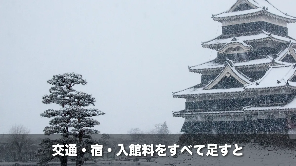 雪の降る松本城と雪をかぶった松