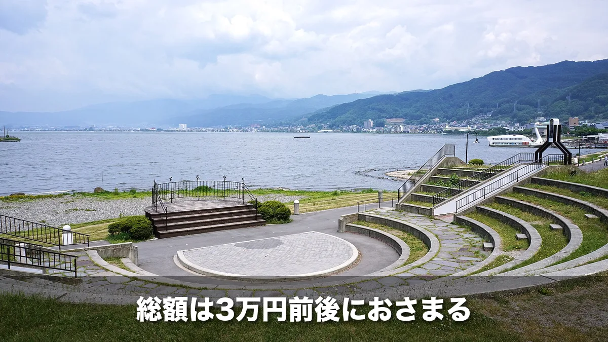 諏訪湖畔公園の野外ステージと湖