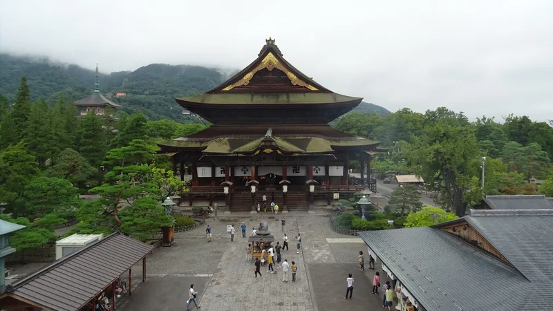 善光寺の山門から見下ろした国宝の本堂と参道