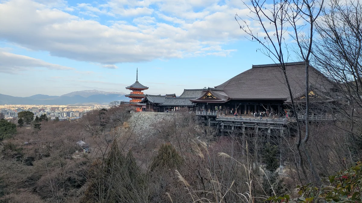 冬の木々の向こうに見える清水寺の本堂と三重塔